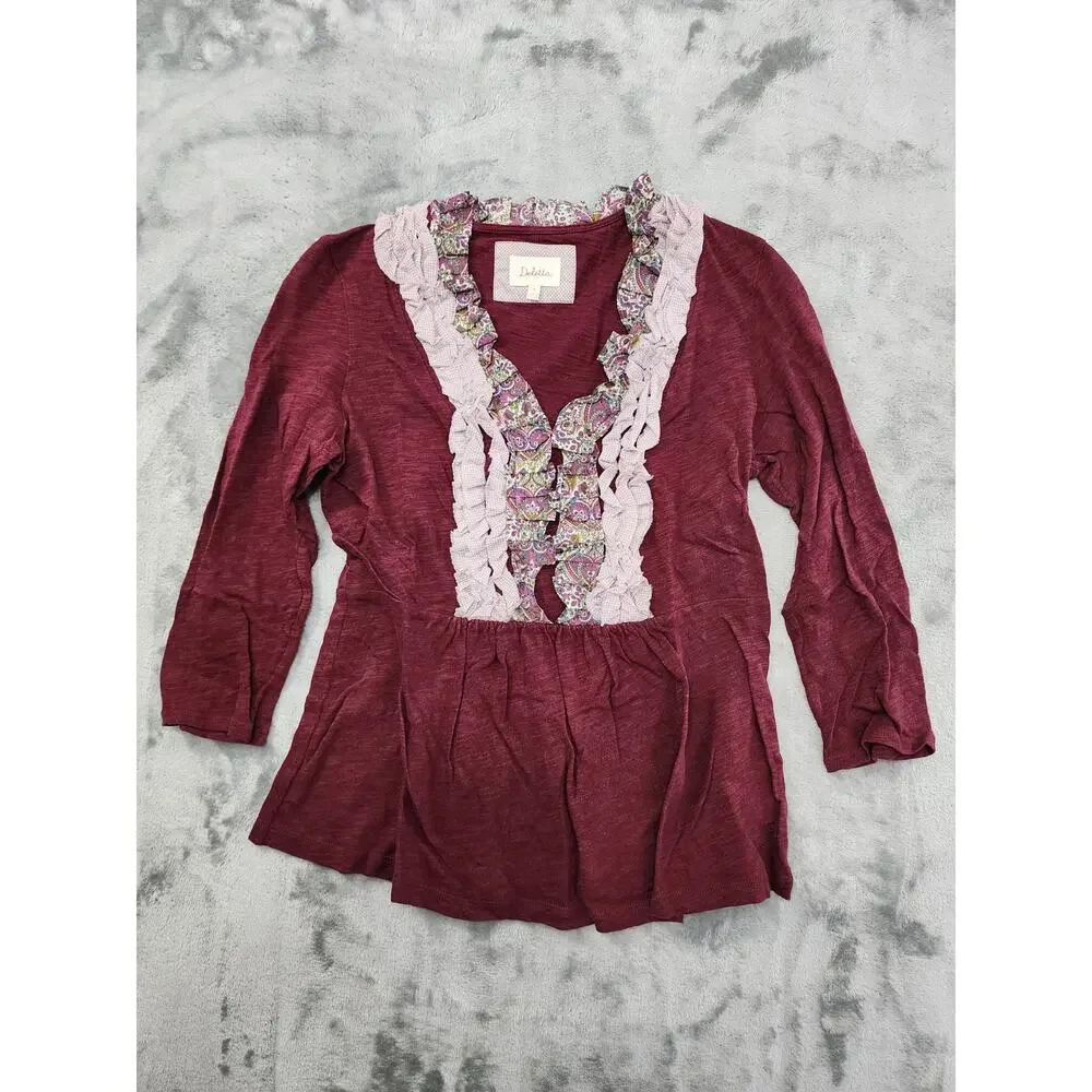 Anthropologie Deletta Raw Edge Ruffle Neck Peplum Top Size M Burgundy 3/4 Sleeve